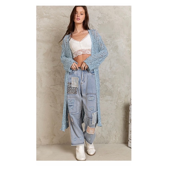 $38 start LAST ONE ❤️Pretty POL Rolling Edge detail Long Powder Blue Cardigan - Picture 6 of 7